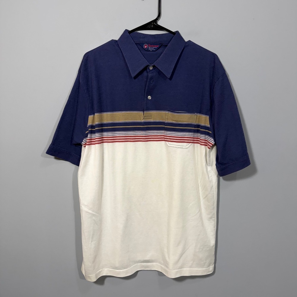 Vintage Arrow Tournament Mens XL Polo Shirt Navy Blue White Striped Colorblock - Picture 2 of 6
